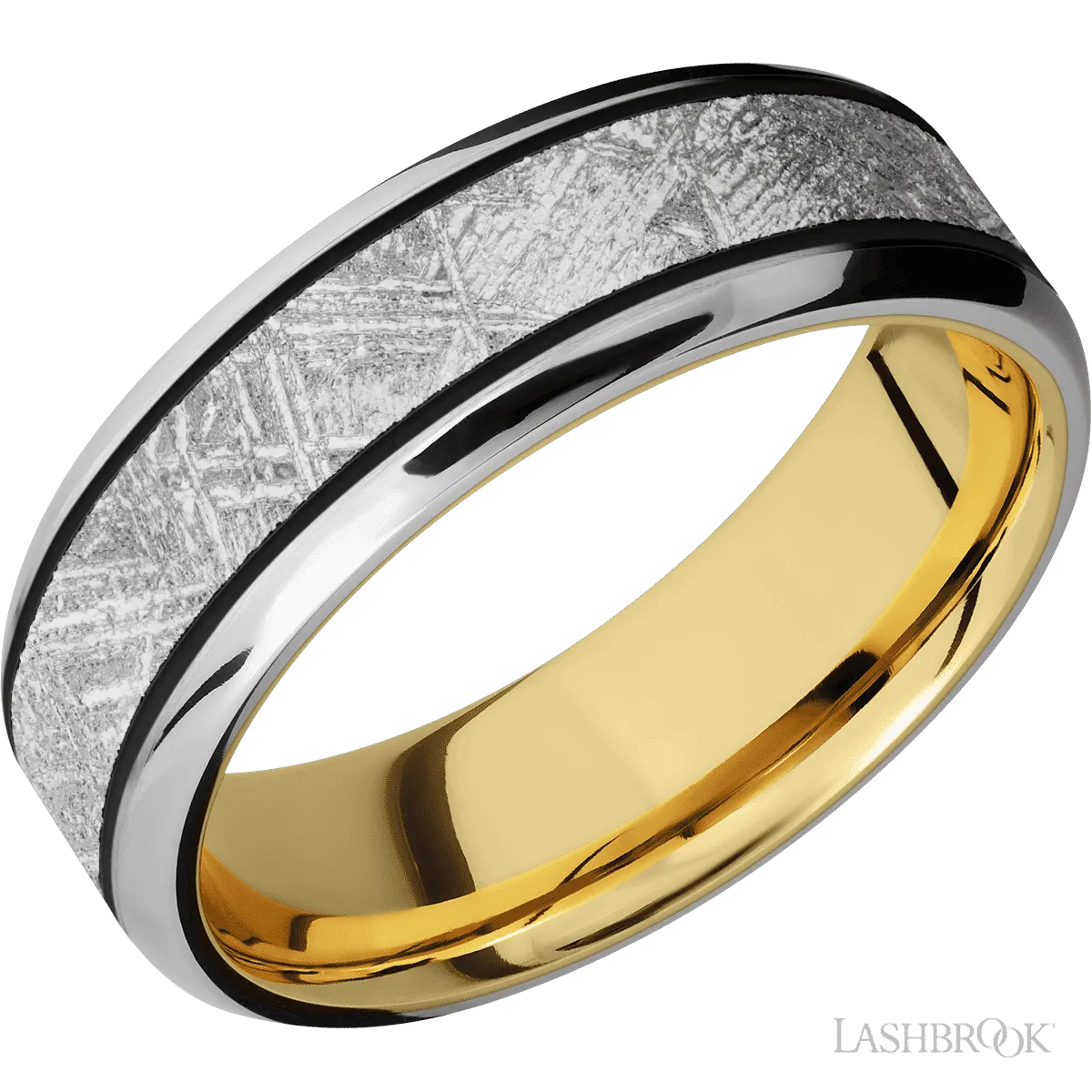 10K White Gold with Satin , Polish Finish and Meteorite Inlay and 10K Yellow Gold - 7MM