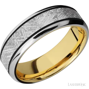 10K White Gold with Satin , Polish Finish and Meteorite Inlay and 10K Yellow Gold - 7MM