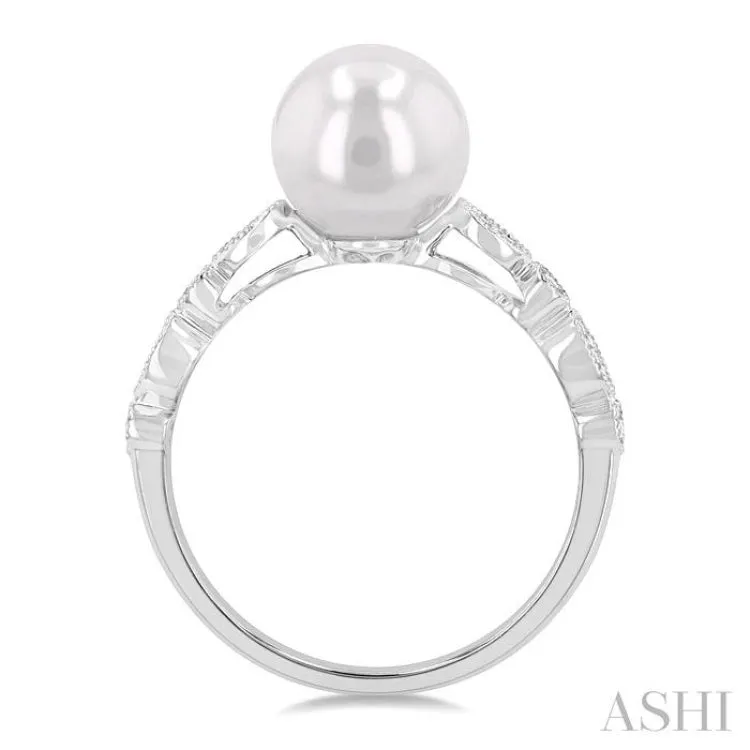 1/10 ctw 8x8MM Pearl and Round Cut Diamond Ring in 14K White Gold