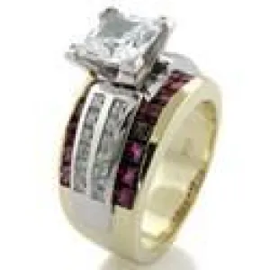 1.25 Princess Cubic Zirconia Center 10.5 mm Shank Two Tone Gold Engagement Ring Side Stone Ruby