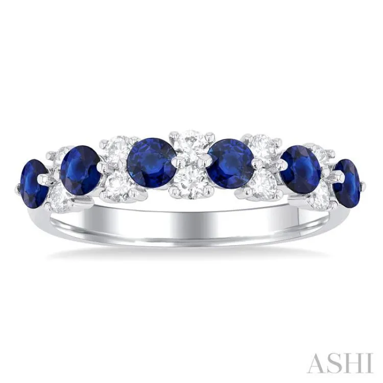 1/3 ctw Round Cut 3MM Sapphire and Diamond Precious Band in 14K White Gold