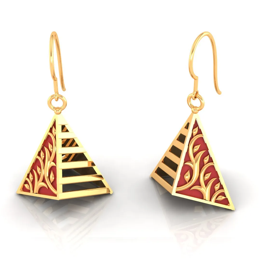 14k Exquisite Gold Earrings In A Reddish Conical Shape