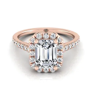 14K Rose Gold Emerald Cut Classic French Pave Halo and Linear Engagement Ring -3/8ctw