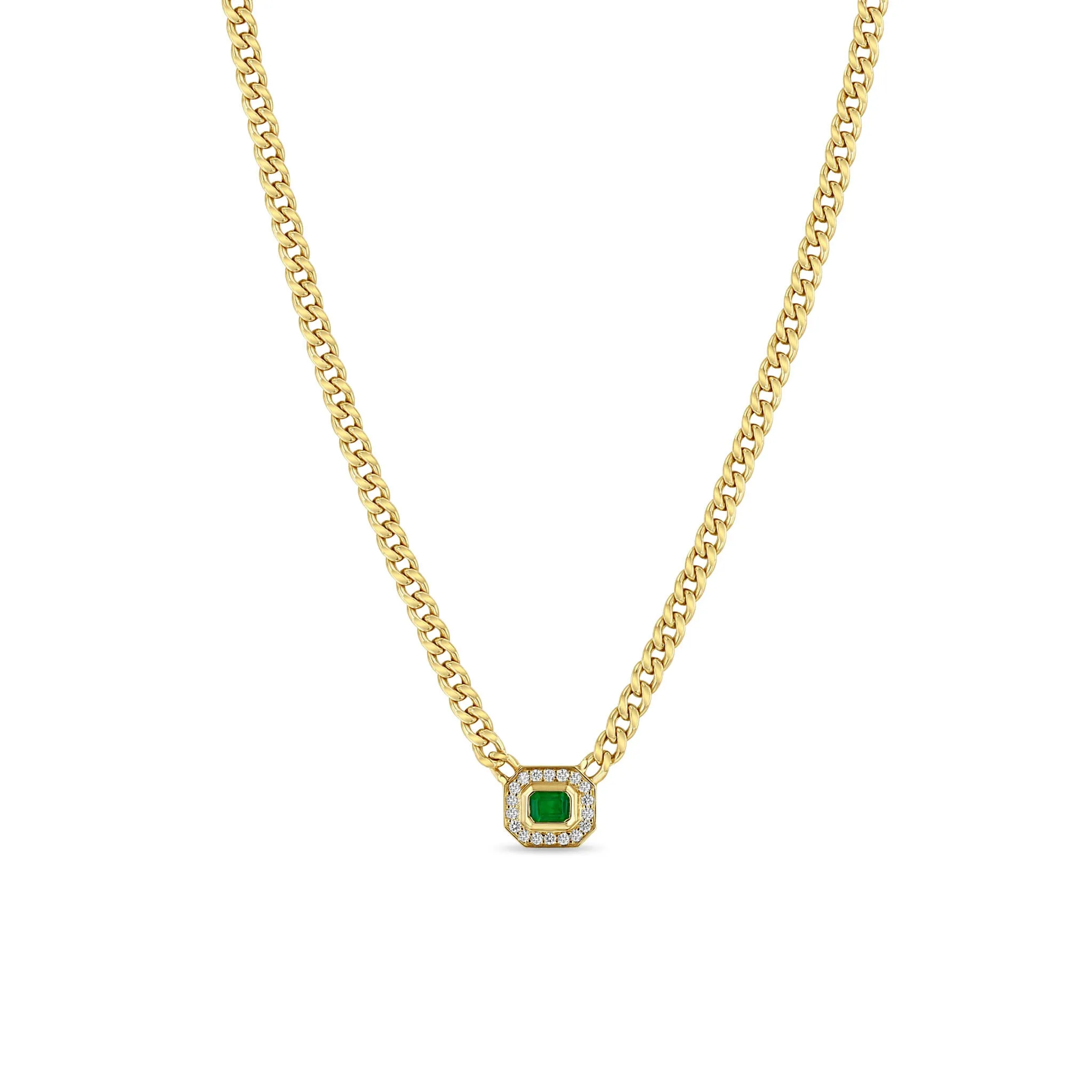 14k Small Curb Chain Emerald Cut Emerald Halo Necklace