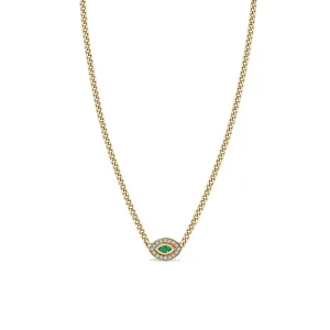 14k XS Curb Chain Marquise Emerald Halo Necklace