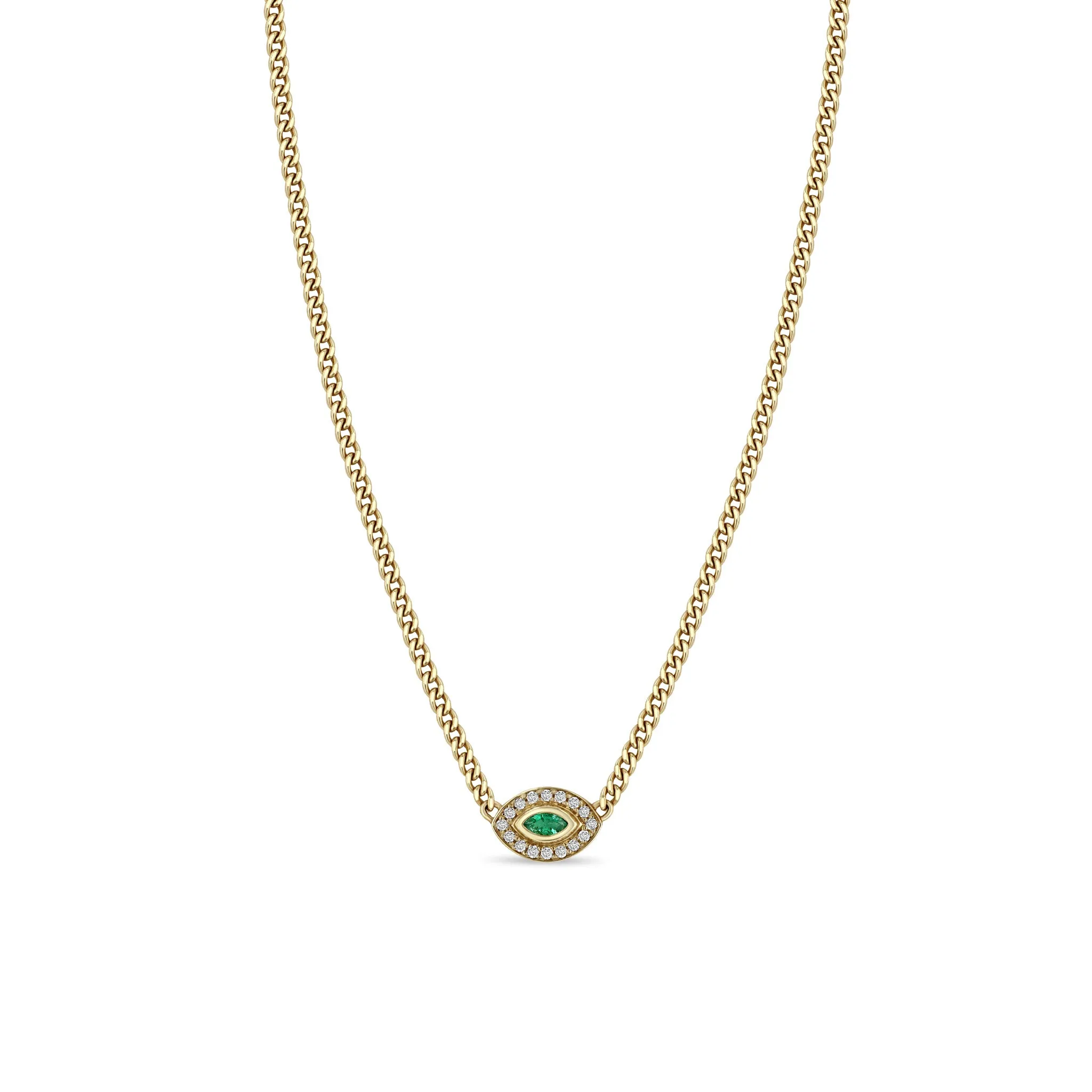 14k XS Curb Chain Marquise Emerald Halo Necklace