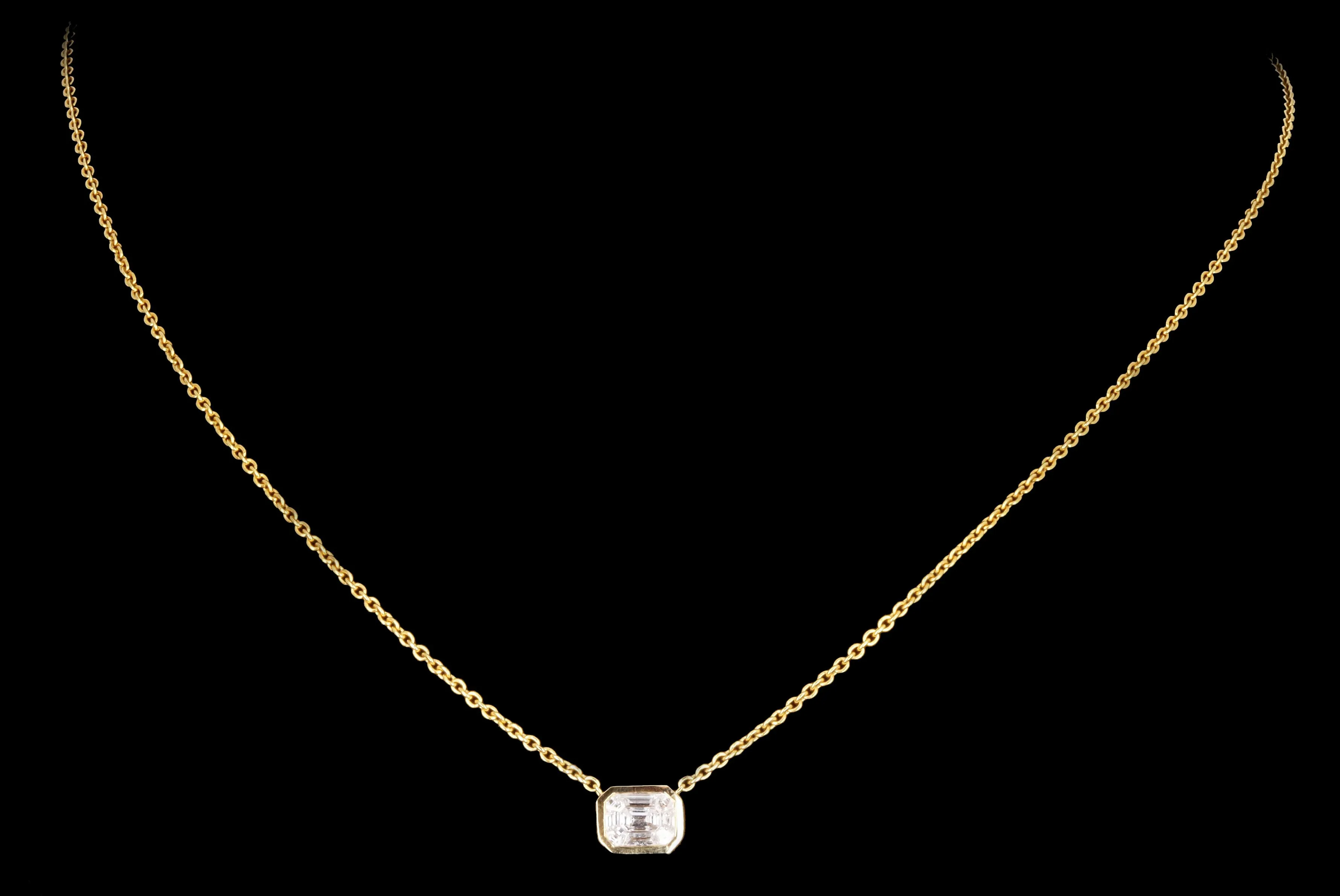 14K Yellow Gold 0.31 Carat Total Weight Mosaic Emerald Cut Diamond East-West Bezel Pendant Necklace