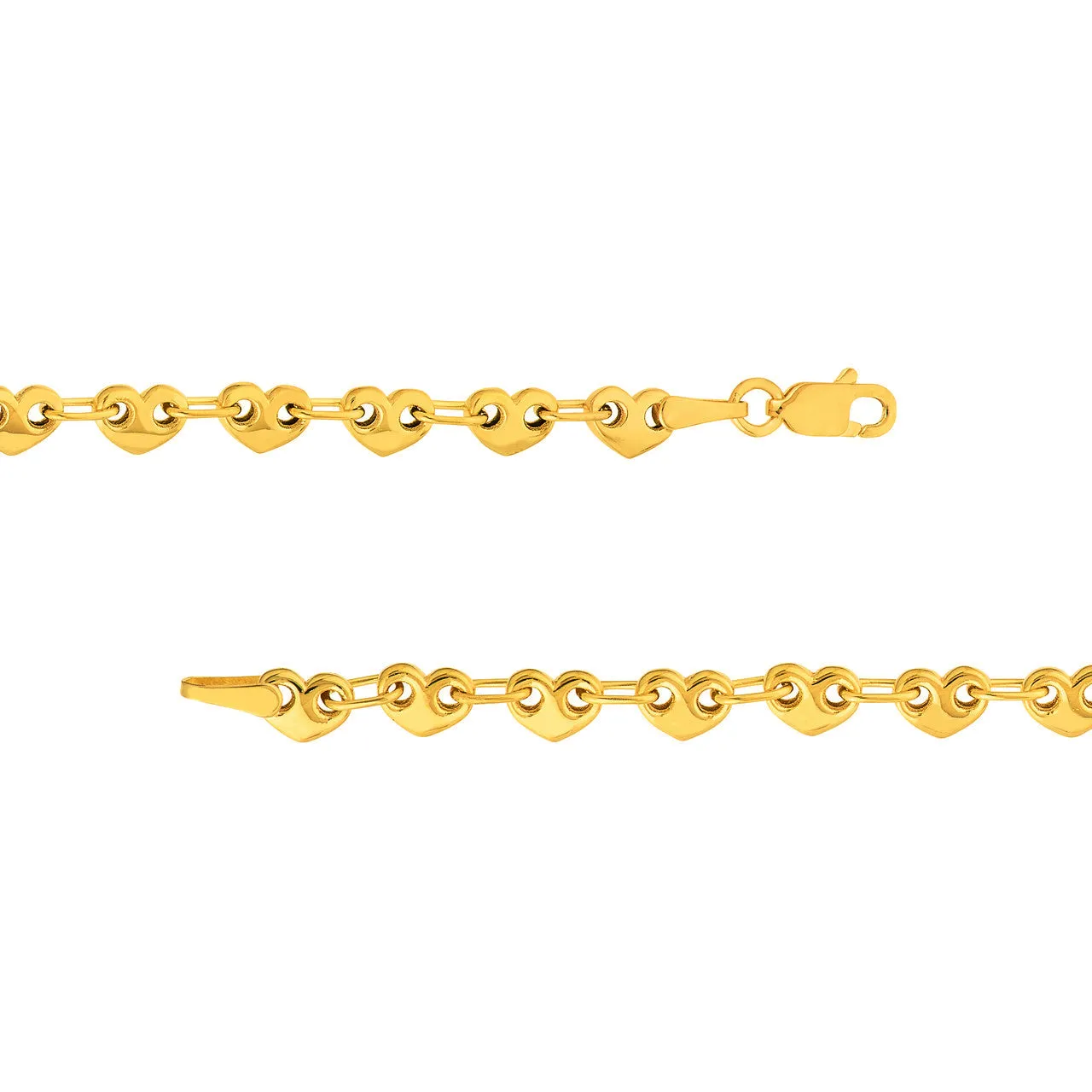 14k Yellow Gold Thin and Small Puffed Heart Link Bracelet with Lobster Lock