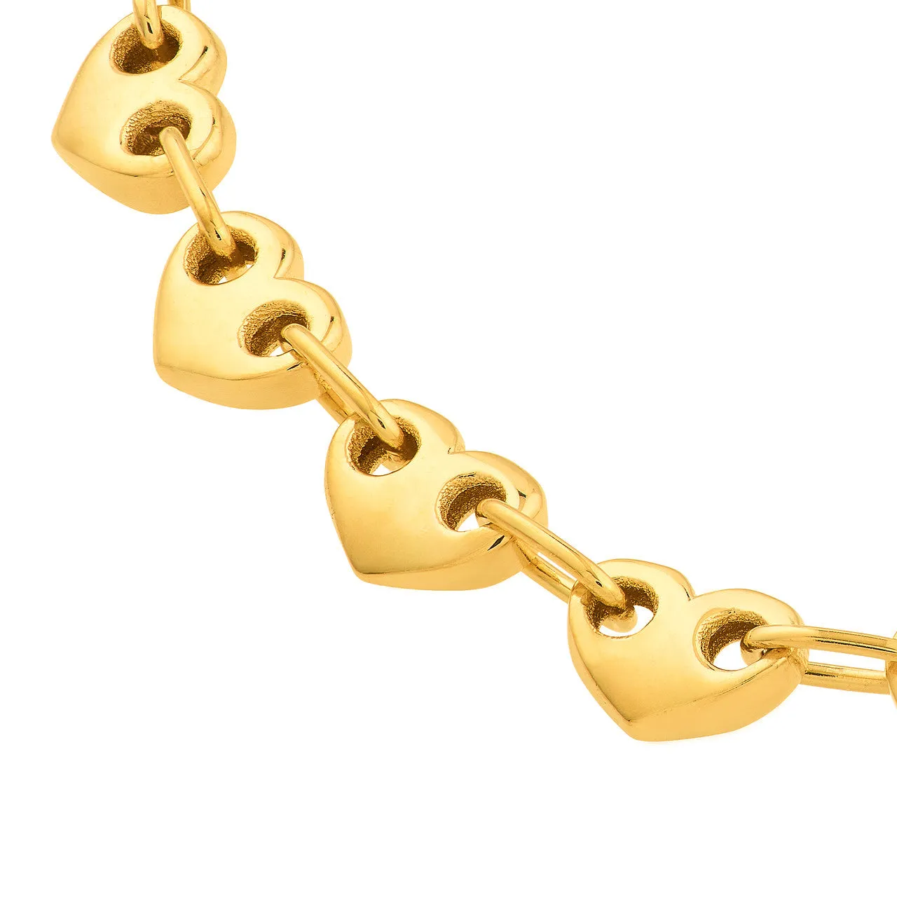 14k Yellow Gold Thin and Small Puffed Heart Link Bracelet with Lobster Lock