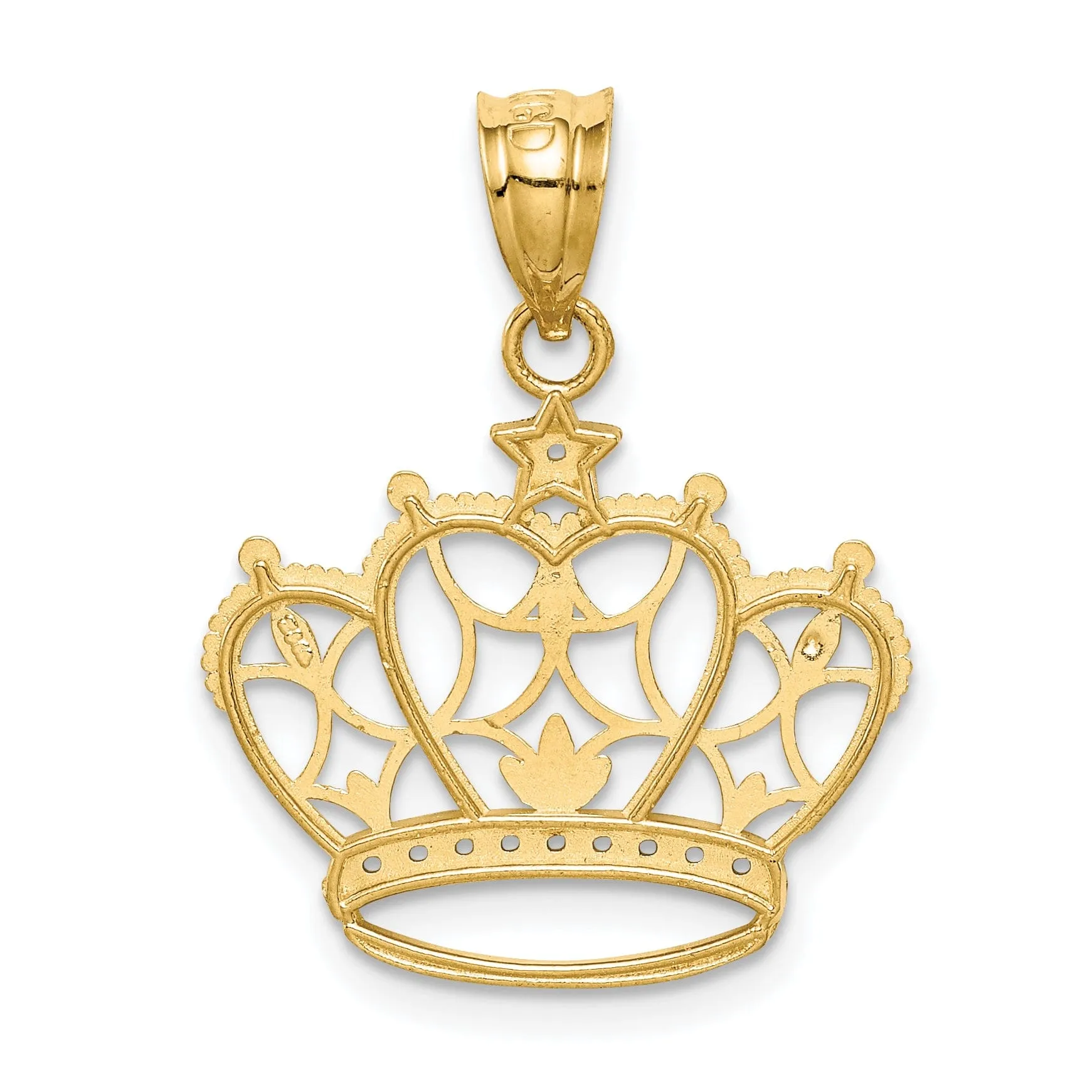 14k Yellow Gold White Rhodium Open Back Solid Textured Polished Finish Crown Design Charm Pendant