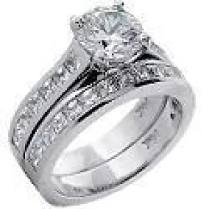 1.5 Round Center Engagement Cubic Zirconia Ring Matching Channel Set CZ Band 14K White Gold