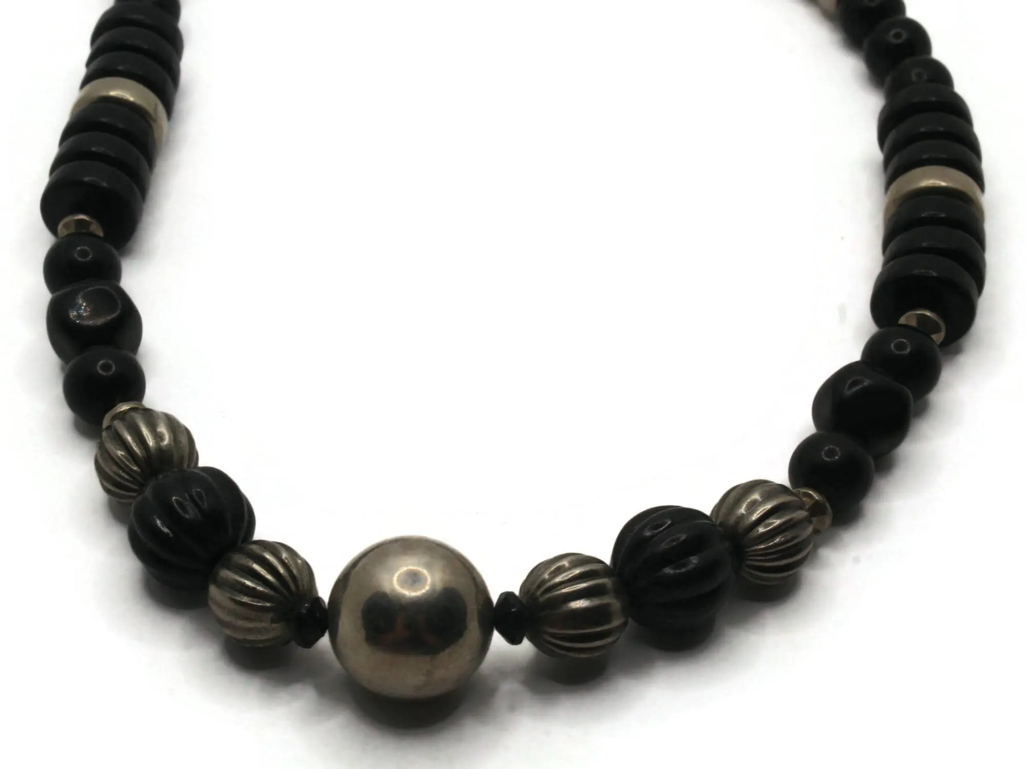 18 Inch Vintage Silver and Black Beaded Necklace