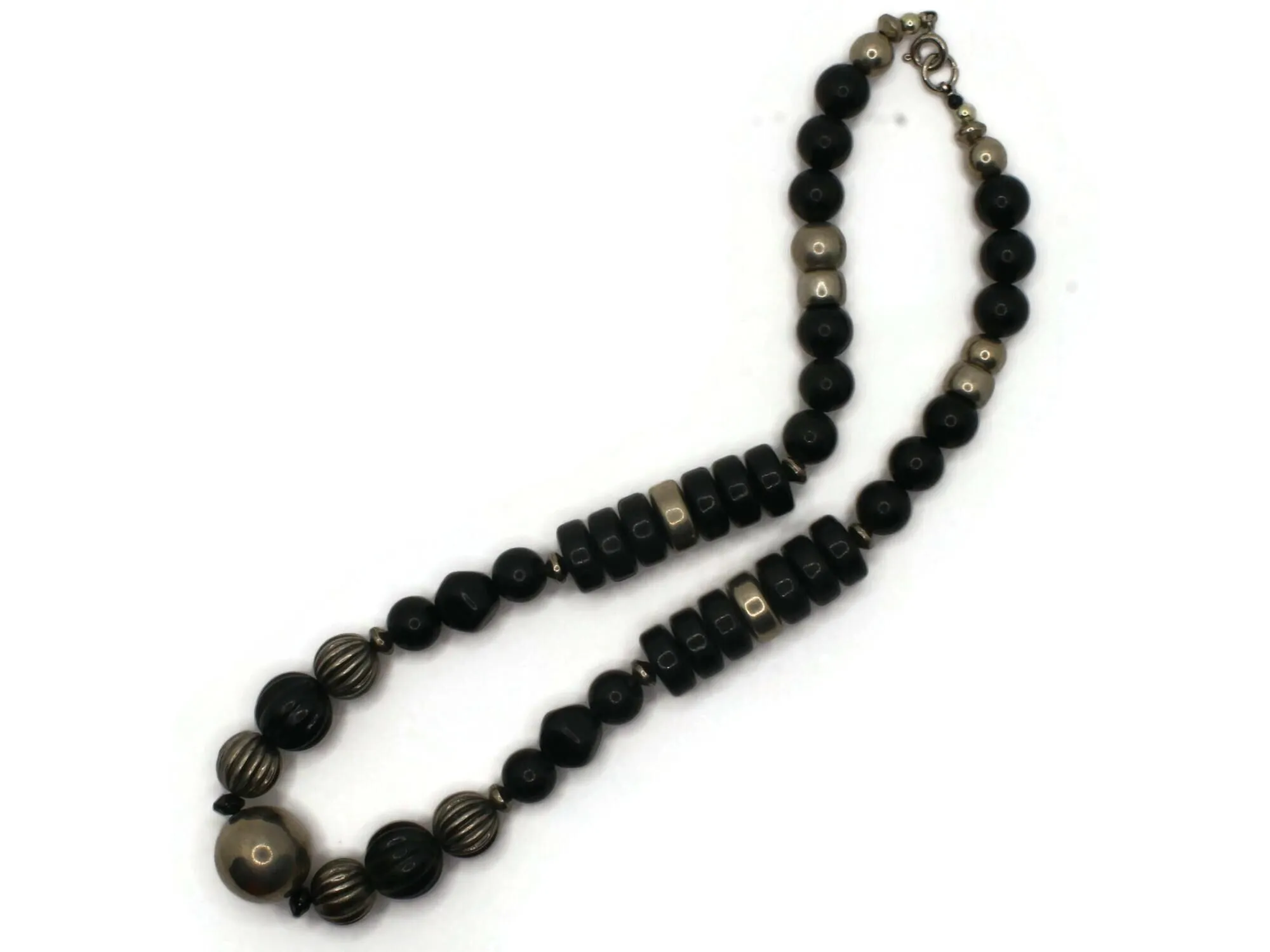 18 Inch Vintage Silver and Black Beaded Necklace