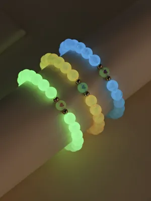 3pcs Glow In The Dark Heart Detail Beaded Bracelet Boho Crafted Creative Beads