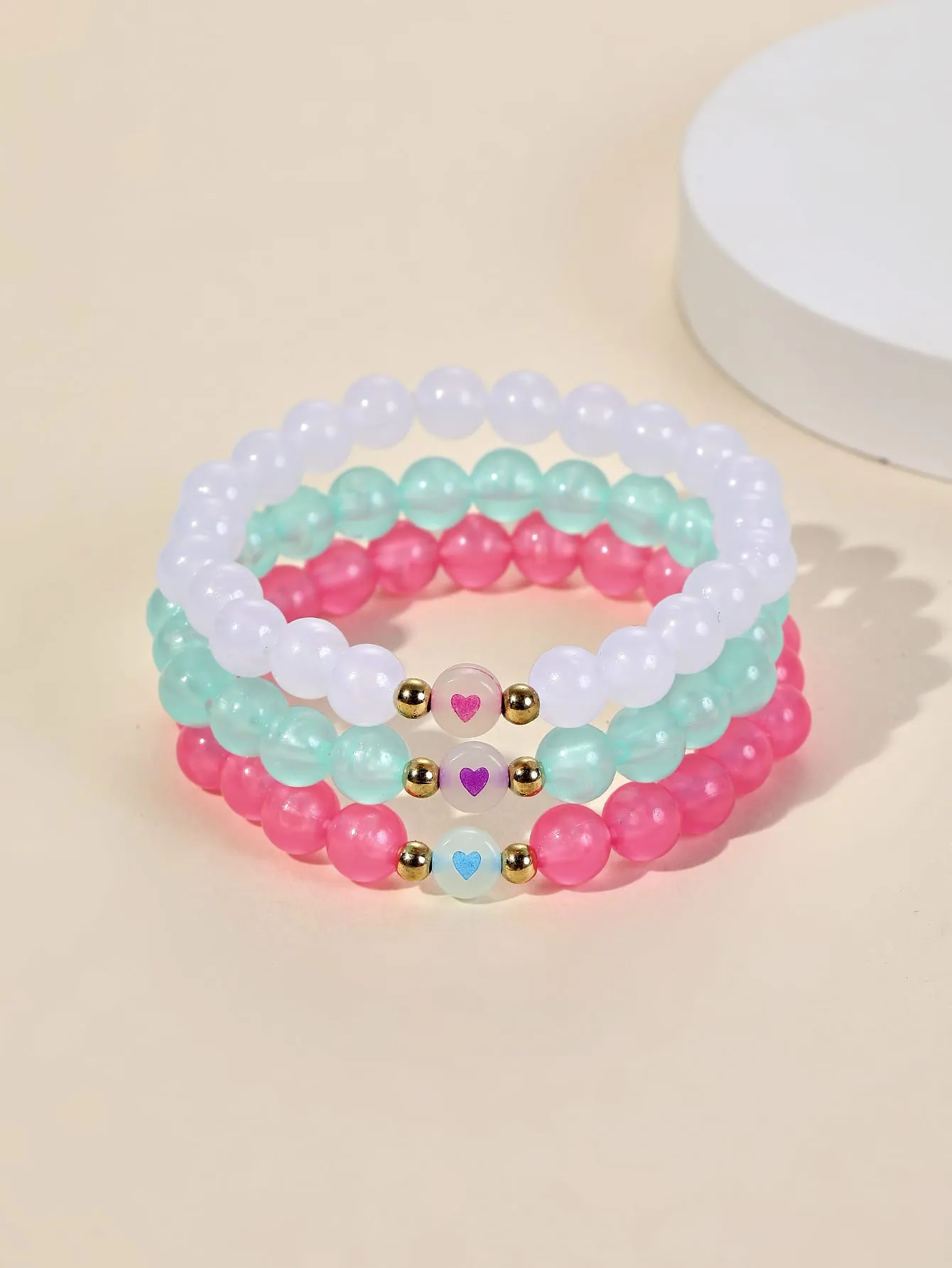 3pcs Glow In The Dark Heart Detail Beaded Bracelet Boho Crafted Creative Beads