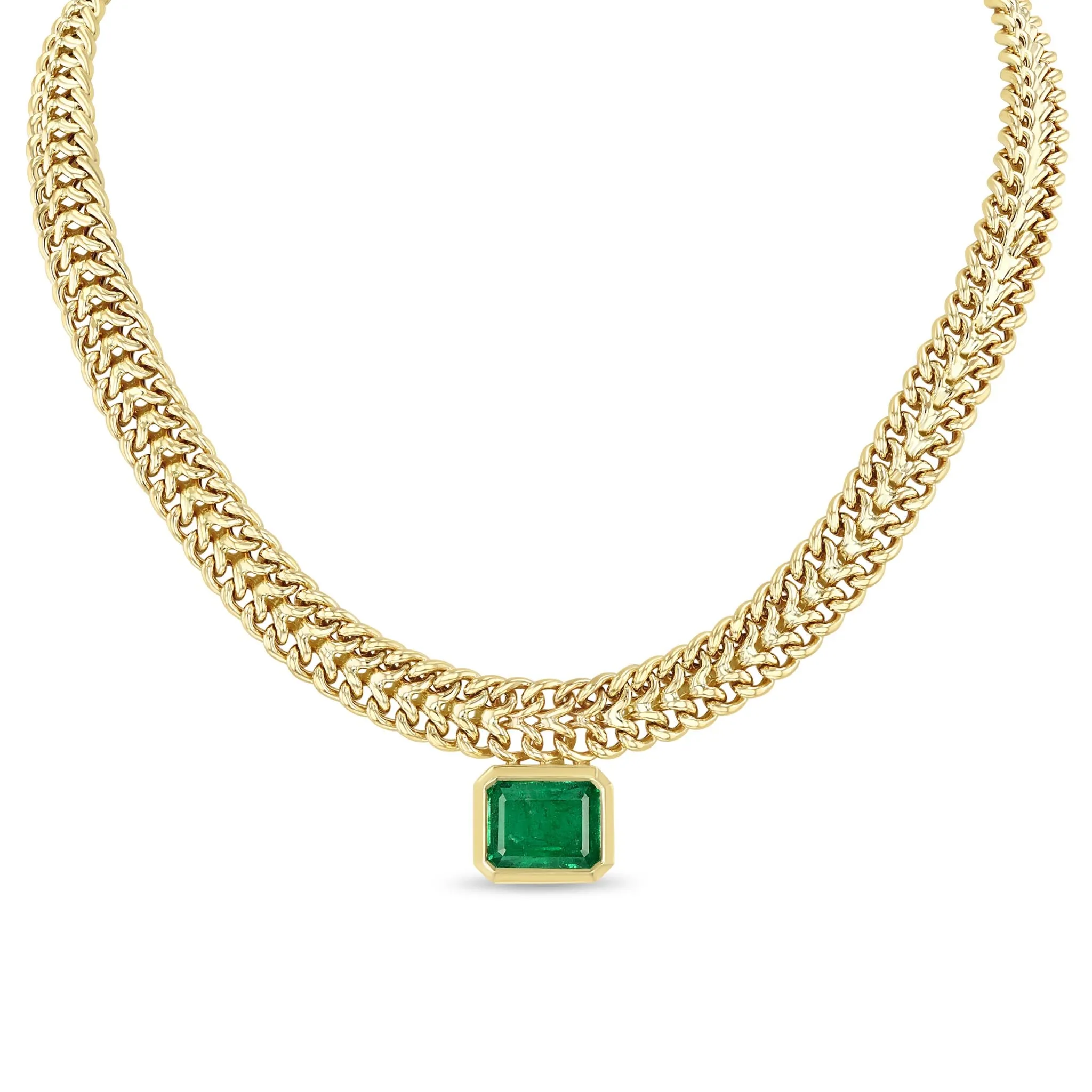 8.97 ctw Emerald Cut Emerald Bezel Double Wide Curb Chain Necklace