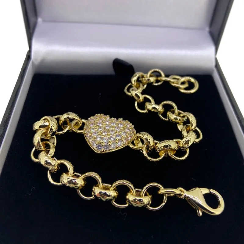 8mm Gold Crystal Heart Pattern Belcher Bracelet 6/8 Inch