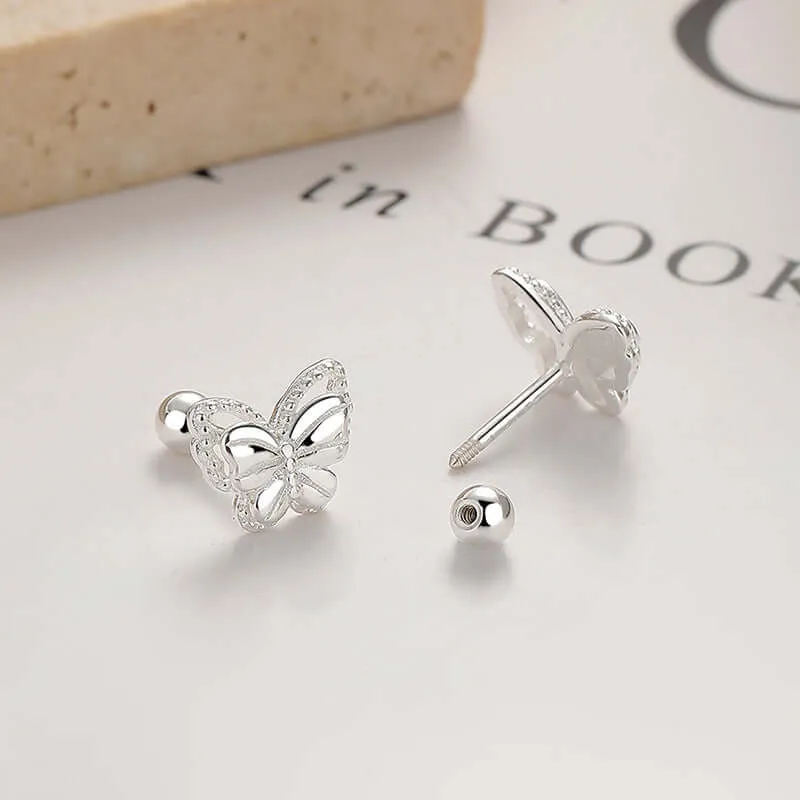 925 Sterling Silver Butterfly Threaded Sweet Ball Back Earrings