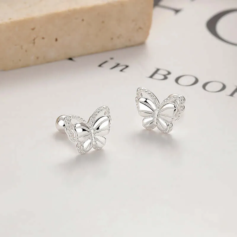 925 Sterling Silver Butterfly Threaded Sweet Ball Back Earrings