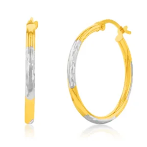 9ct White And Yellow Gold Two Tone Double Side Diamond Cut 20mm Hoop Earrings