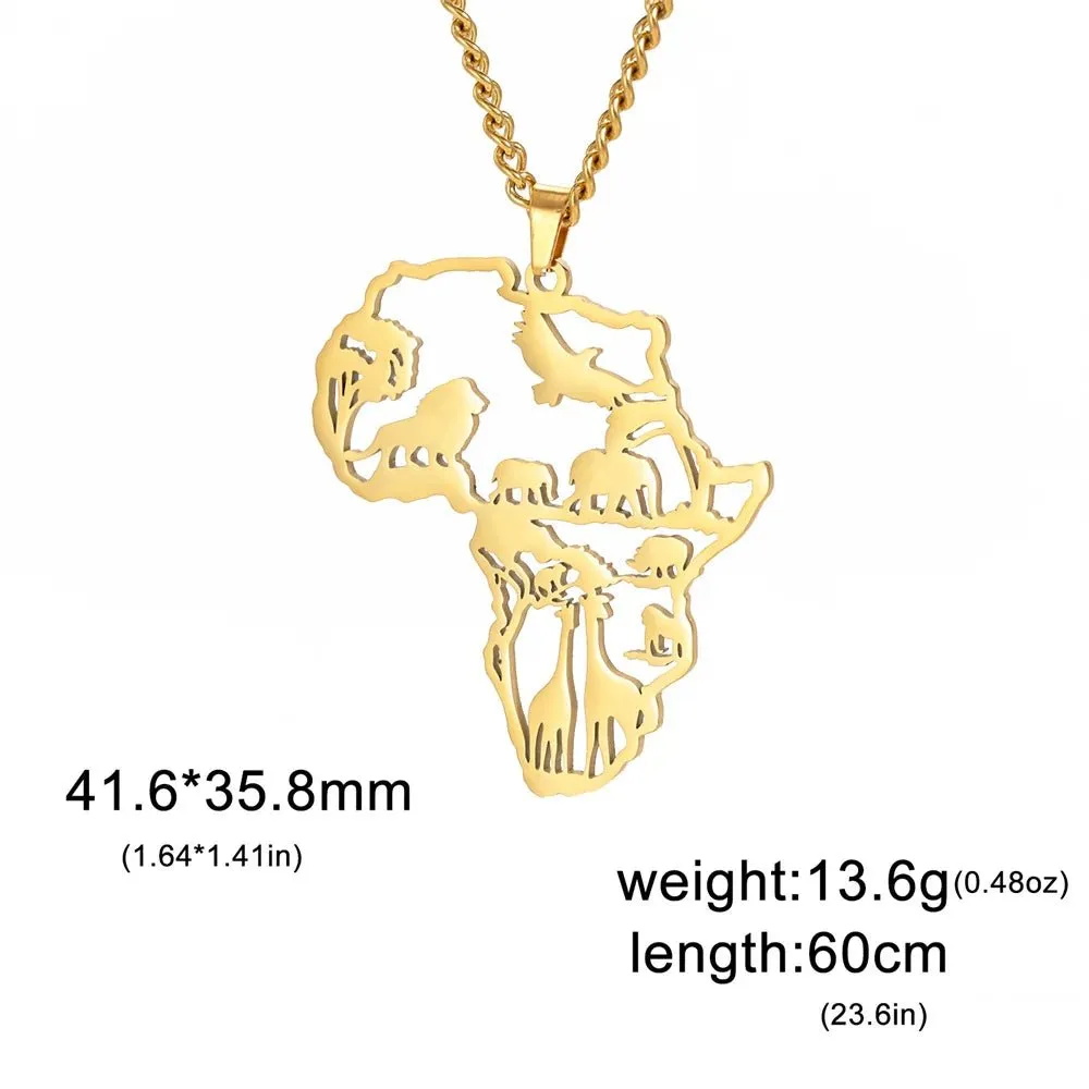 Africa Map Lion Elephant Monkey Giraffe Pendant Necklaces Stainless Steel Animal Chain Choker African Jewelry