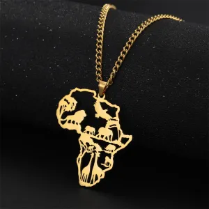 Africa Map Lion Elephant Monkey Giraffe Pendant Necklaces Stainless Steel Animal Chain Choker African Jewelry