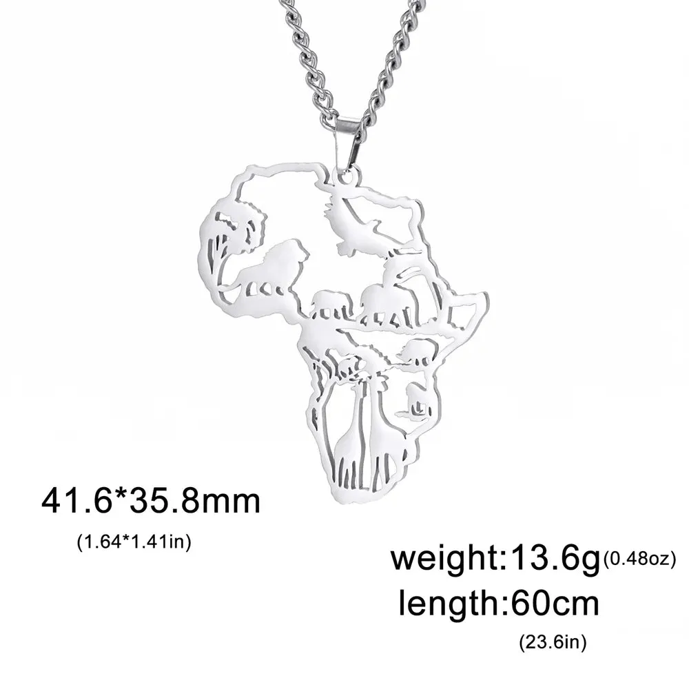 Africa Map Lion Elephant Monkey Giraffe Pendant Necklaces Stainless Steel Animal Chain Choker African Jewelry