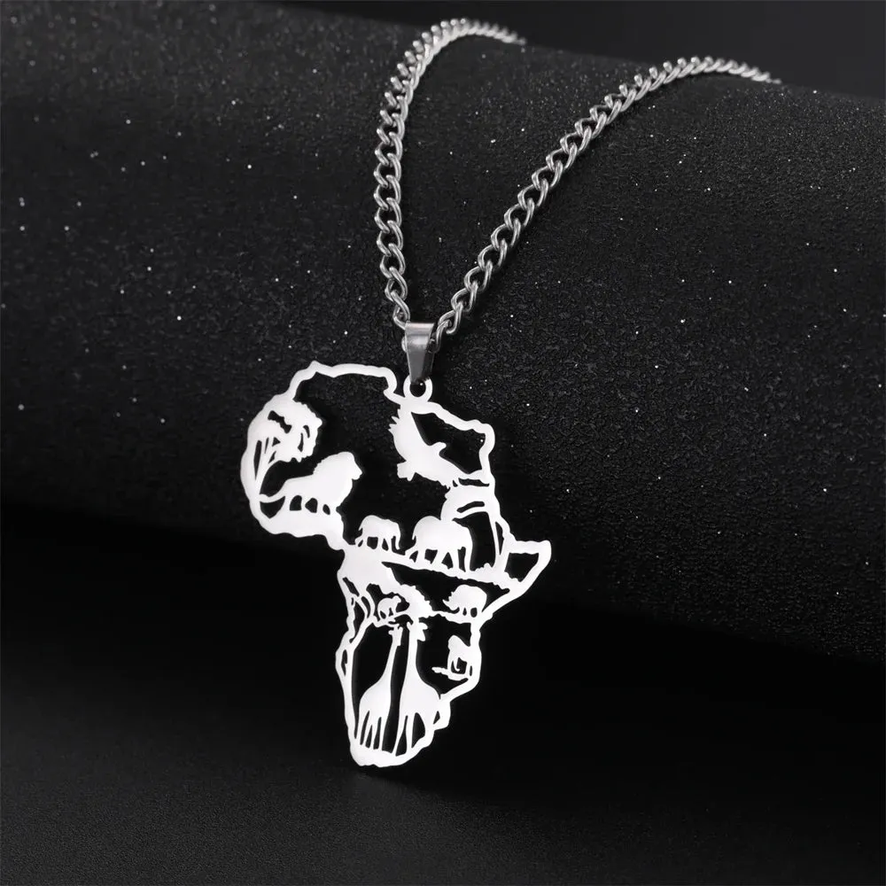 Africa Map Lion Elephant Monkey Giraffe Pendant Necklaces Stainless Steel Animal Chain Choker African Jewelry