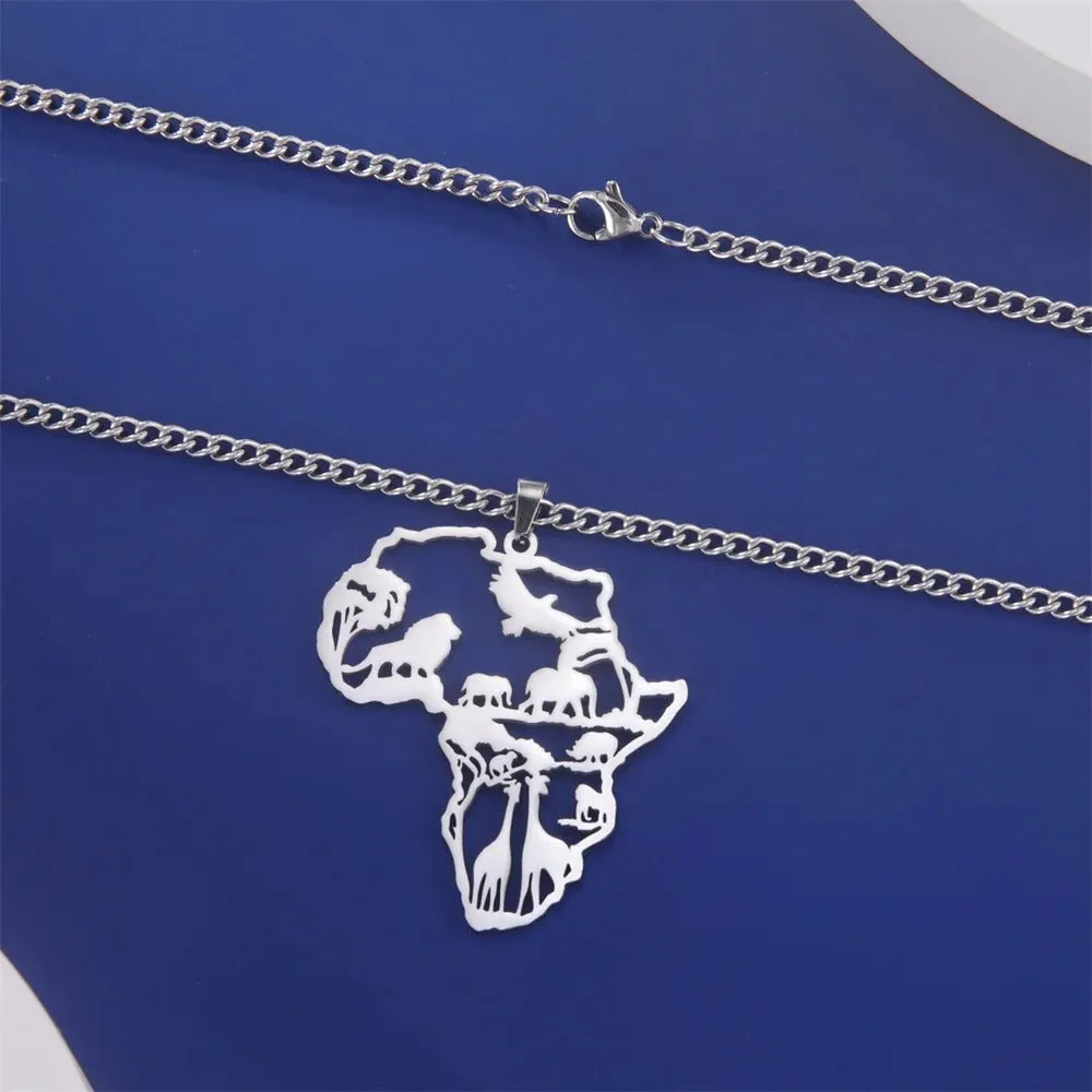 Africa Map Lion Elephant Monkey Giraffe Pendant Necklaces Stainless Steel Animal Chain Choker African Jewelry