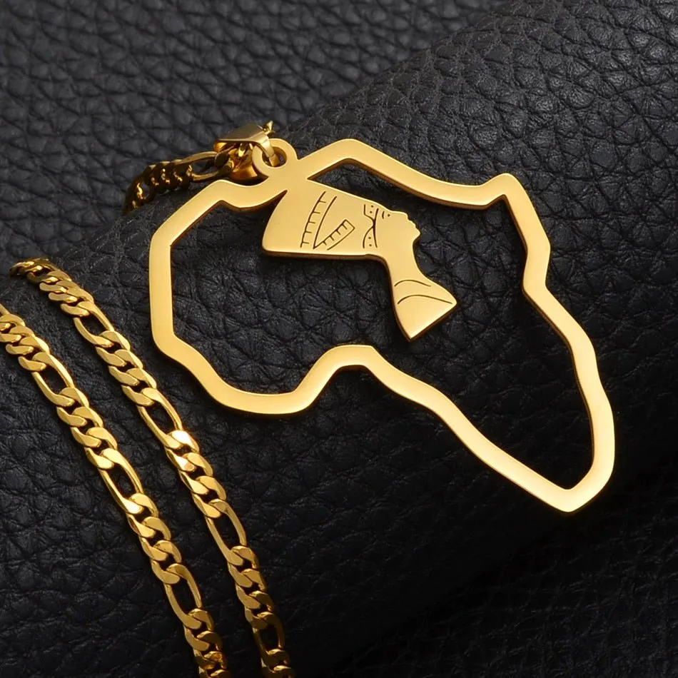 Africa Map Nefertiti Pendant Necklaces in Gold