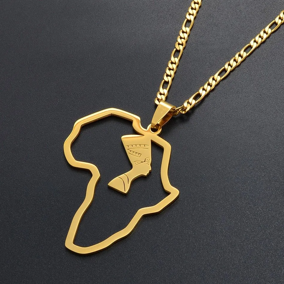 Africa Map Nefertiti Pendant Necklaces in Gold