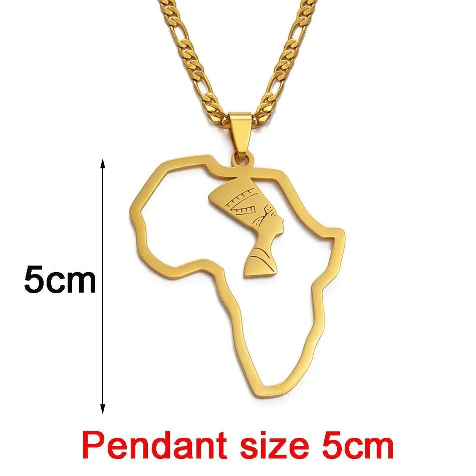 Africa Map Nefertiti Pendant Necklaces in Gold