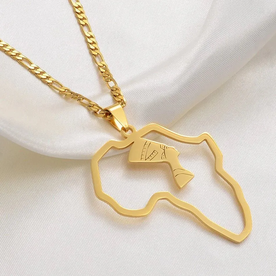 Africa Map Nefertiti Pendant Necklaces in Gold