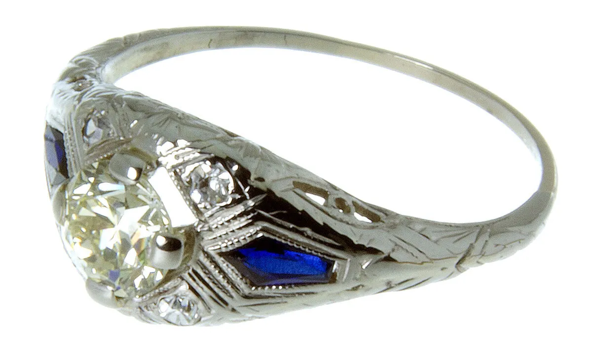 Art Deco Diamond & Sapphire Engagement Ring