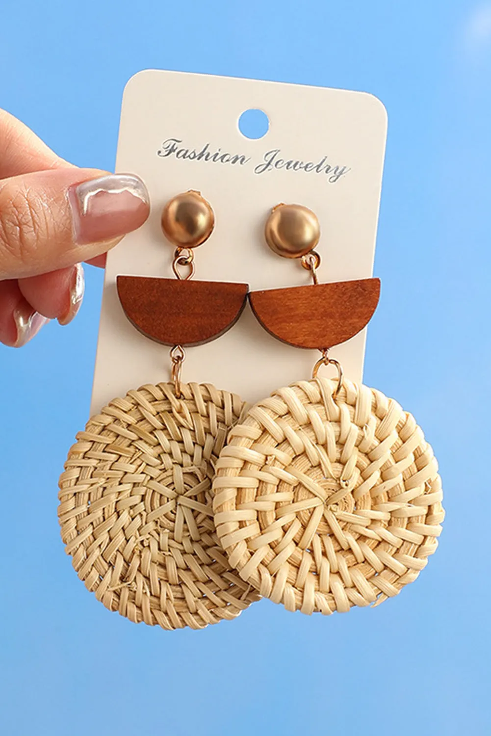 Beige Wooden Woven Disc Dangle Earrings