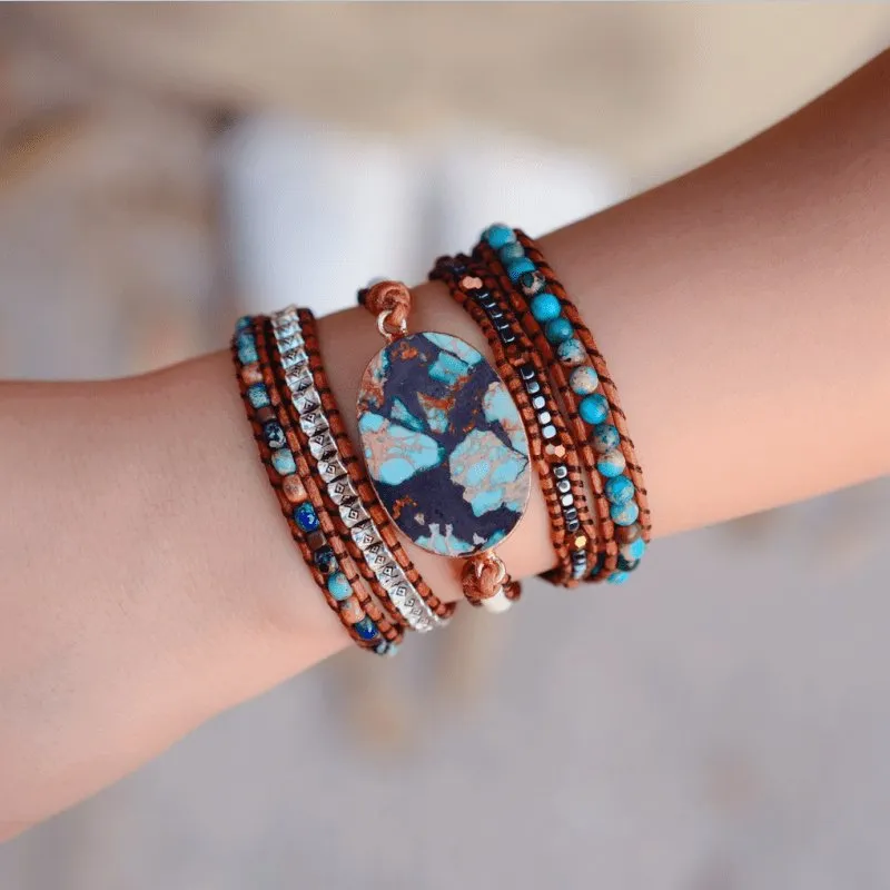 Blue Emperor Natural Stone Jasper Beaded Wrap Boho Bracelets