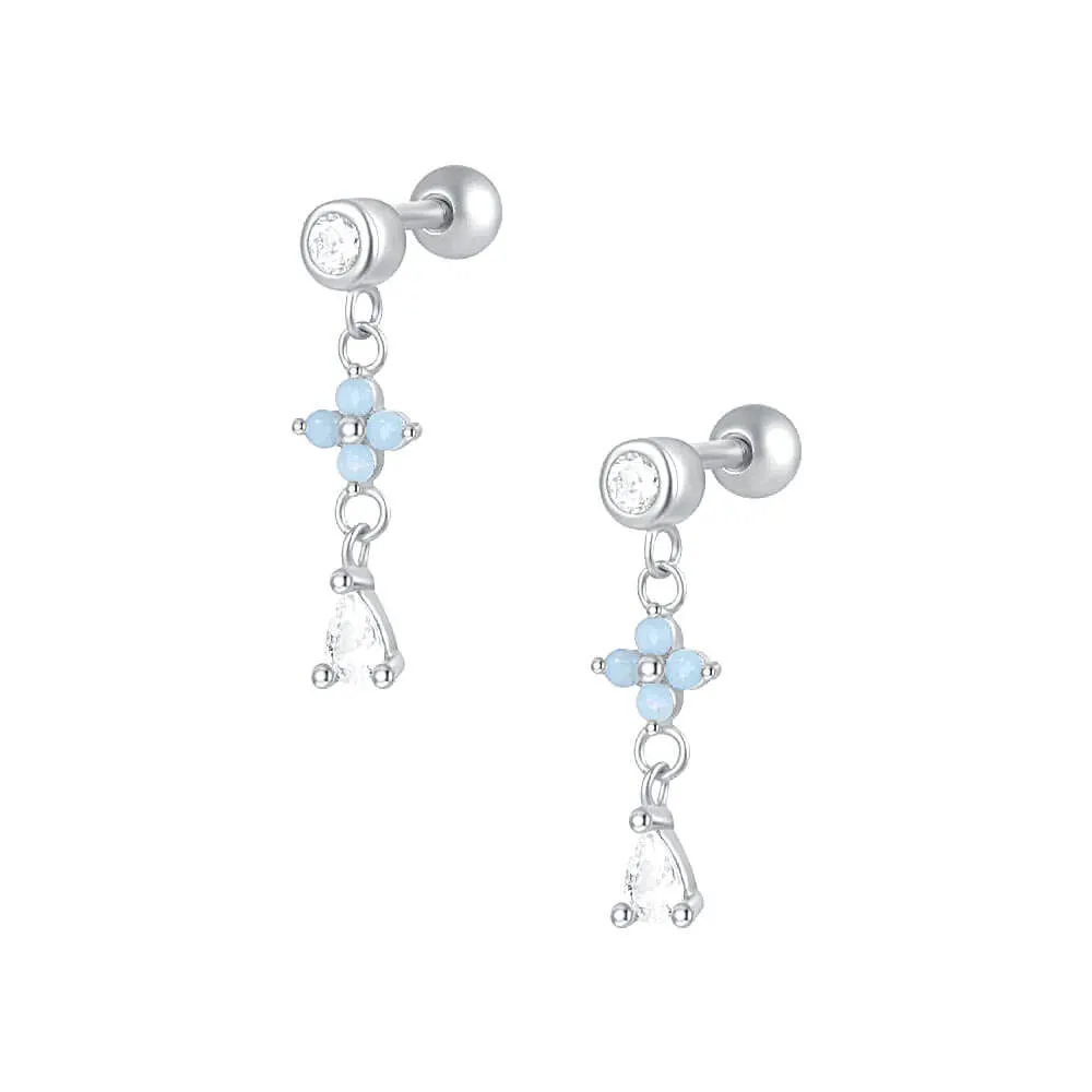 Blue Flower Drop Ball Back Earrings