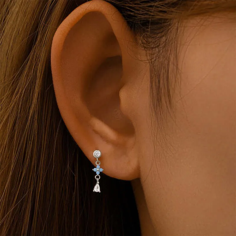 Blue Flower Drop Ball Back Earrings