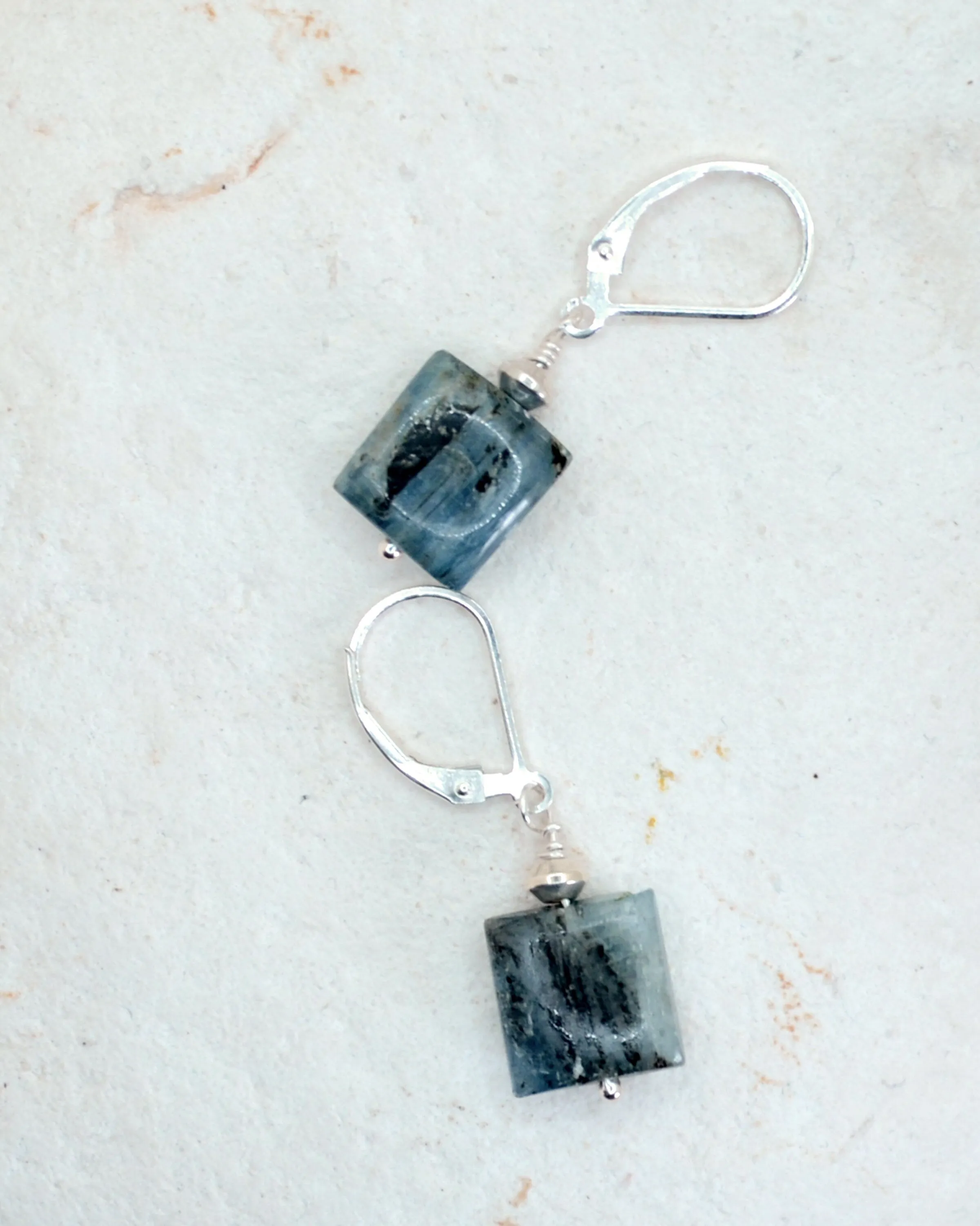 Blue square kyanite and silver earrings, minimalist earrings