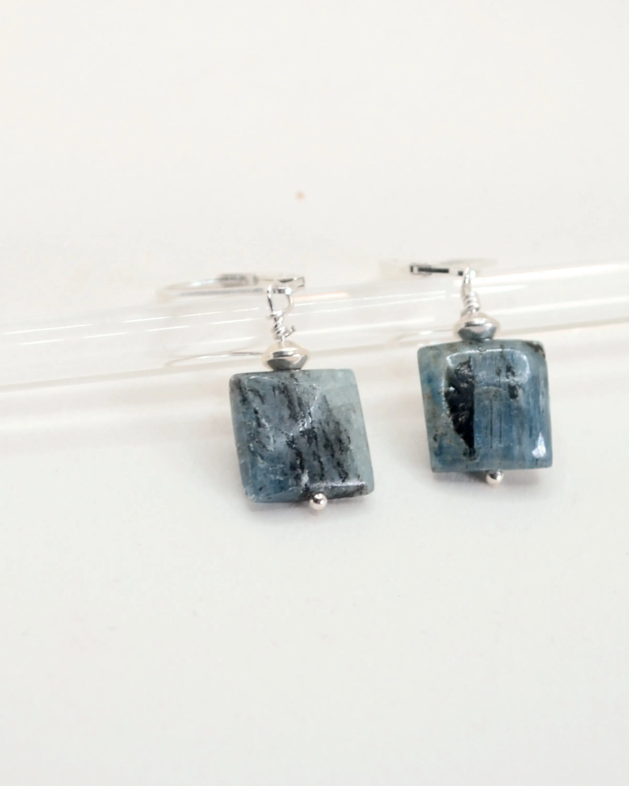 Blue square kyanite and silver earrings, minimalist earrings