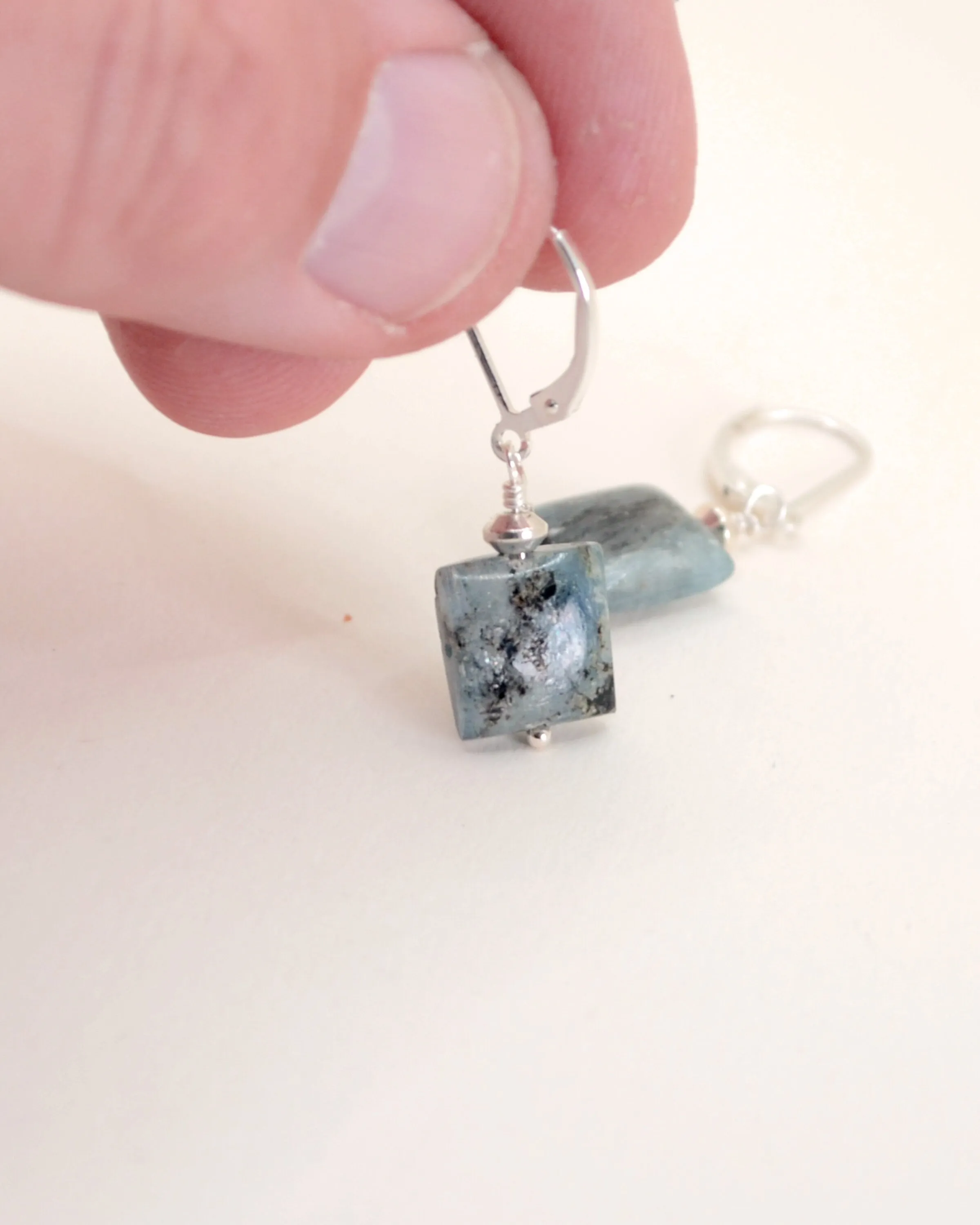 Blue square kyanite and silver earrings, minimalist earrings