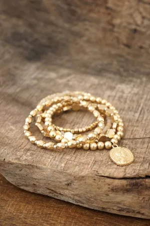 Boho Bracelet Stack with A Coin in Worn Gold Tone