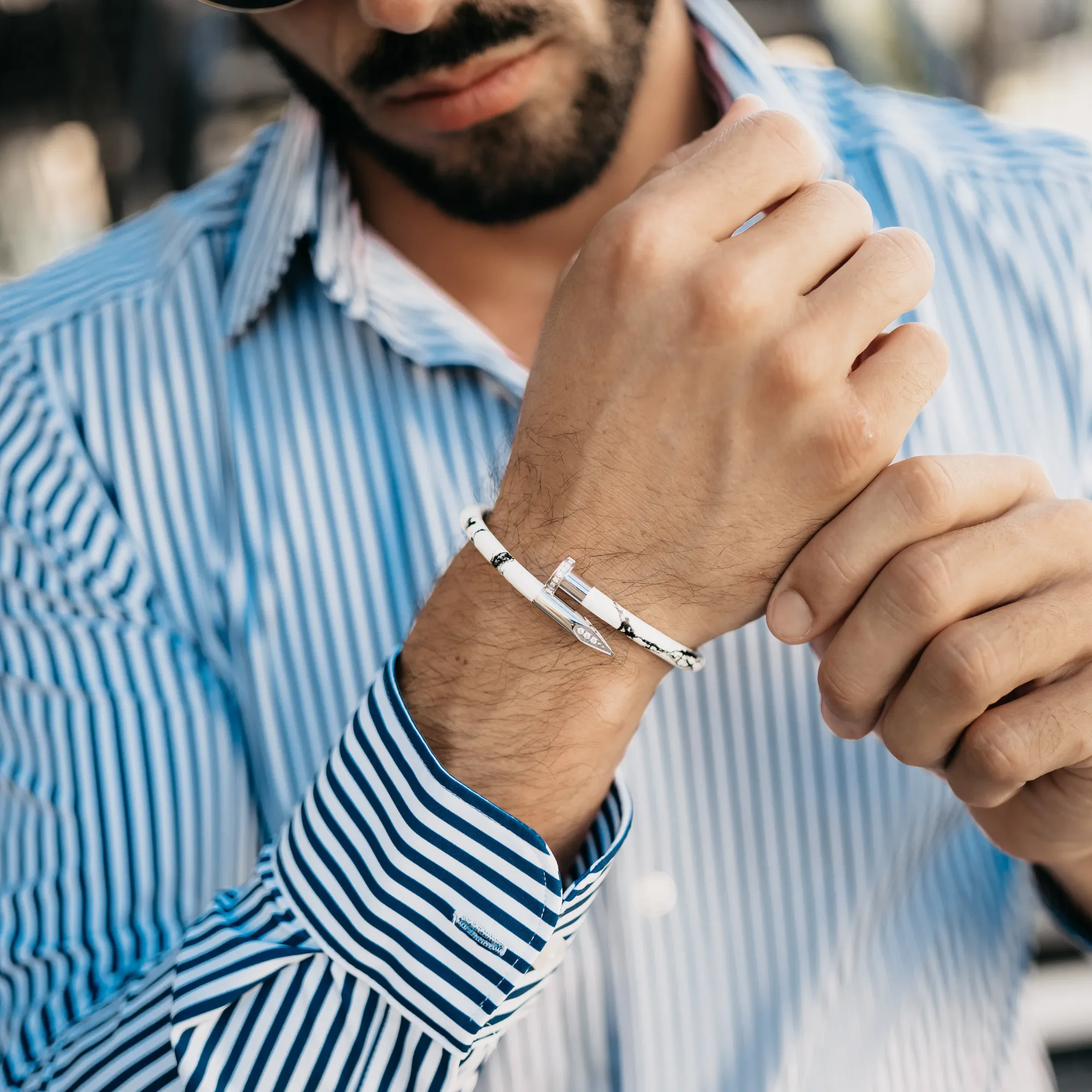 Bracelet Silver Nail with Zircon - White Leather