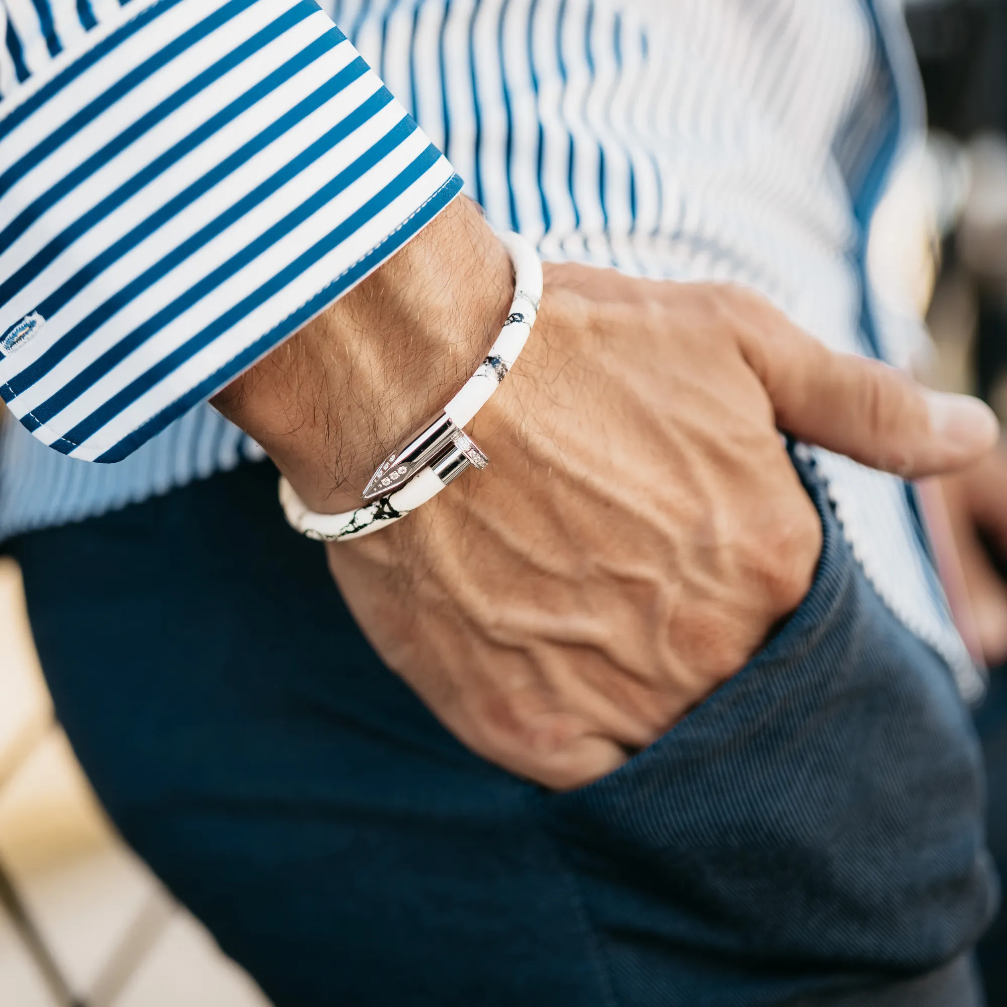 Bracelet Silver Nail with Zircon - White Leather