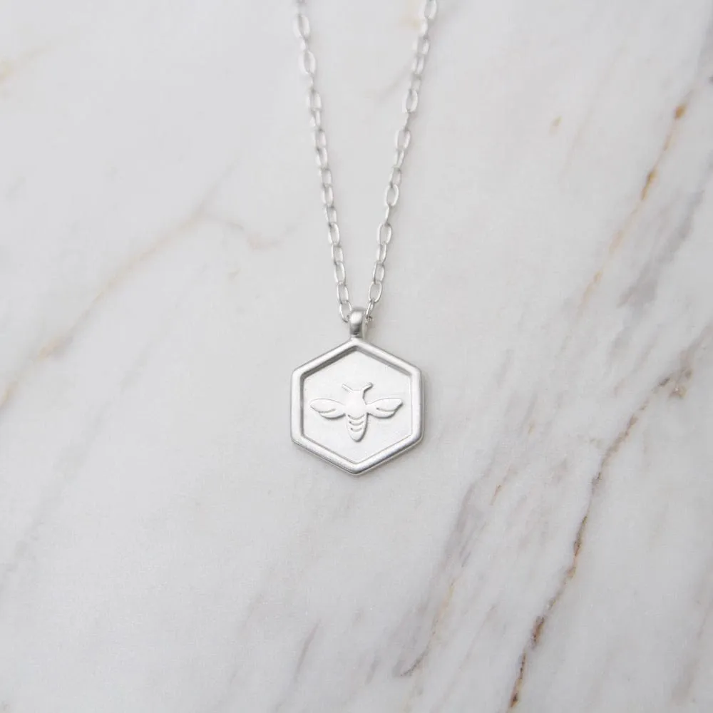 Brushed Sterling Silver Hex with Bee Necklace