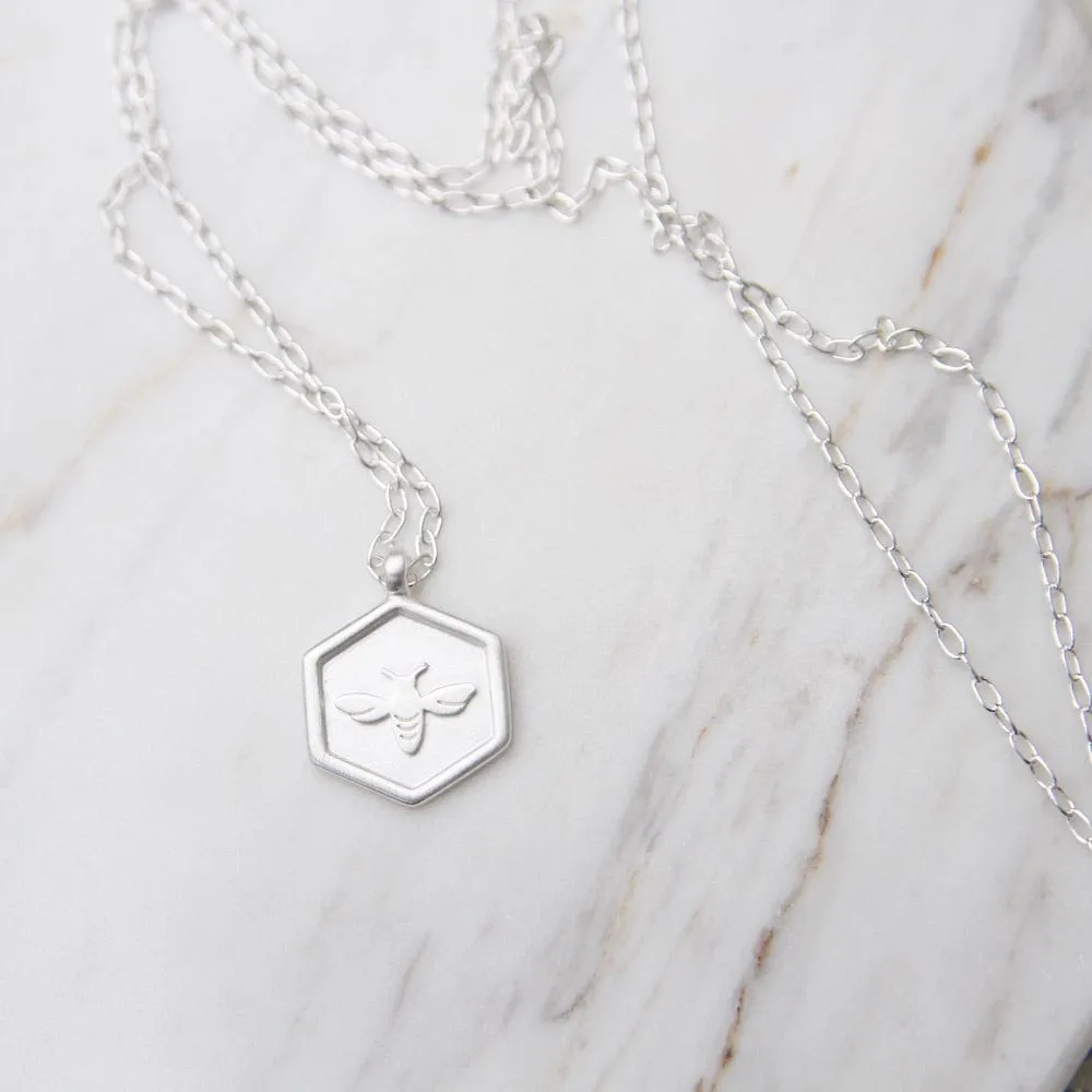 Brushed Sterling Silver Hex with Bee Necklace