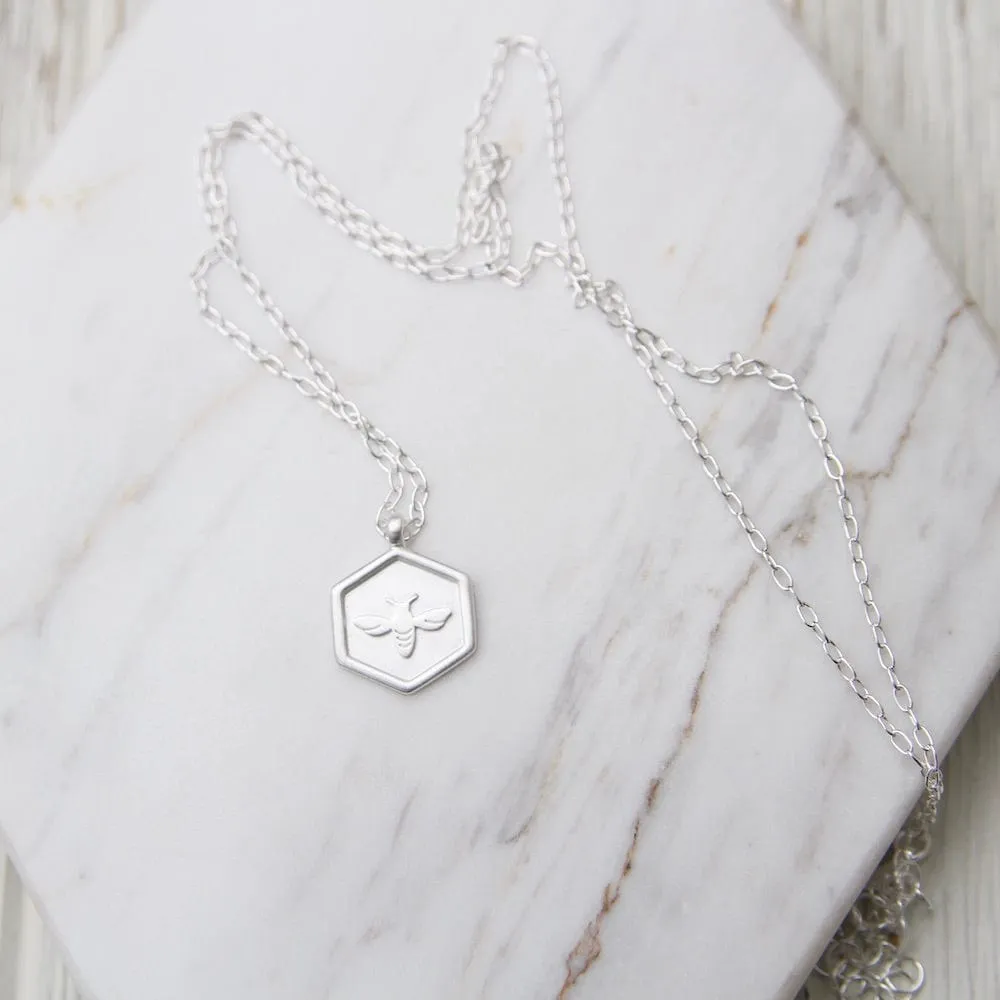 Brushed Sterling Silver Hex with Bee Necklace