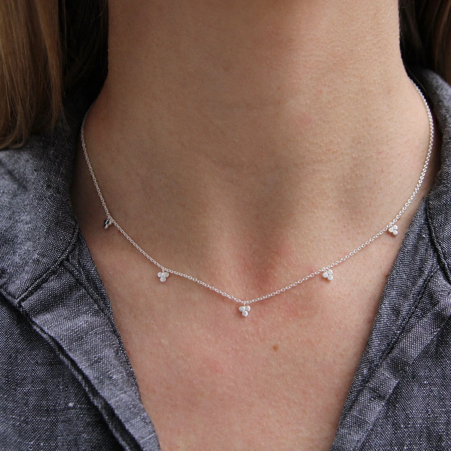 Brushed Sterling Silver Tri-Dot Dangle Necklace