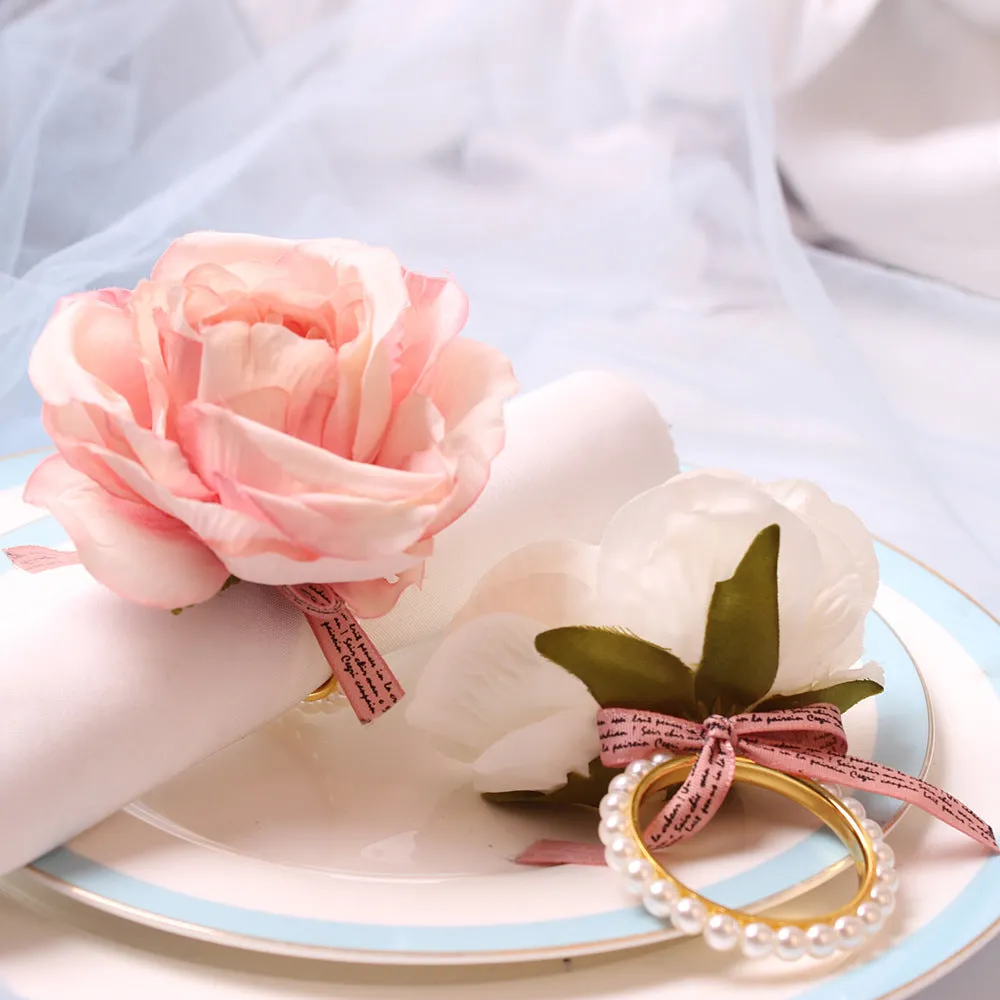 Bulk Set of 12pcs Handmade Rose Napkin Rings with Pearls Buckles Wholesale