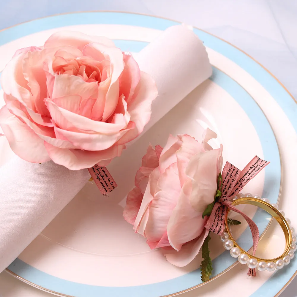 Bulk Set of 12pcs Handmade Rose Napkin Rings with Pearls Buckles Wholesale